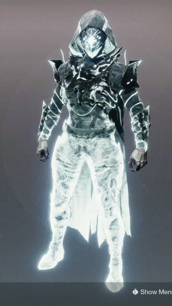 The textures on her armor are constantly moving and shifting, unnervingly so. A stark white that fades into pitch black...